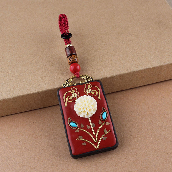 Buddha Stones Ebbenhouten bloem Koi-vis Fu-karakterknop sleutelhanger - Rode knop touw - Hortensia - image 18