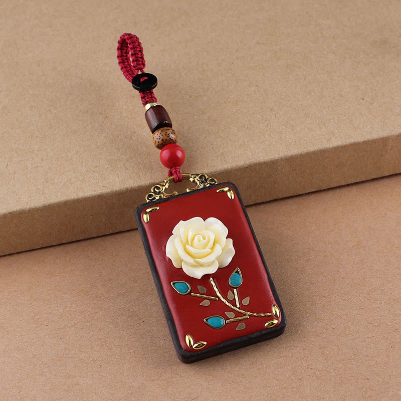 Buddha Stones Ebbenhouten bloem Koi-vis Fu-karakterknop sleutelhanger - Rode knop touw - Roos - image 14