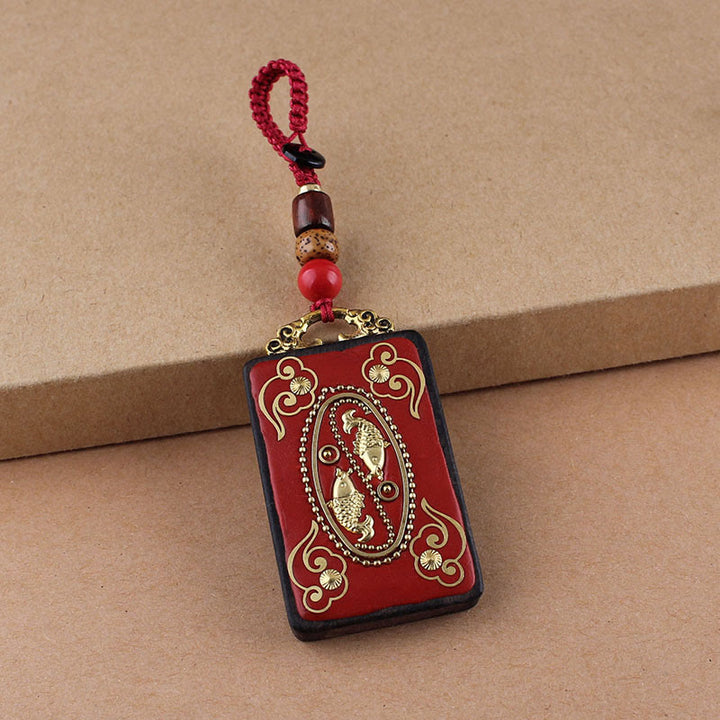Buddha Stones Ebbenhouten bloem Koi-vis Fu-karakterknop sleutelhanger - Rode knop touw - Koi-vis - image 15