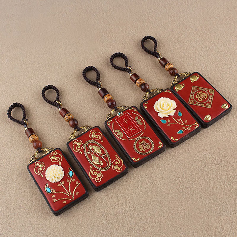 Buddha Stones Ebbenhouten bloem Koi-vis Fu-karakterknop sleutelhanger - image 13