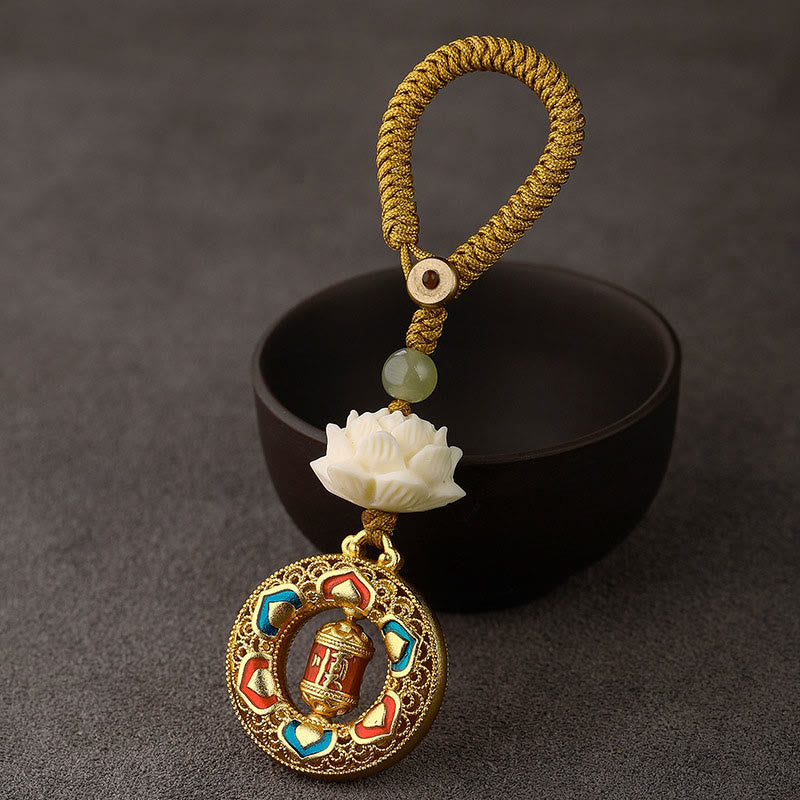Buddha Stones Bodhizaad Lotus Hetian Jade Kraal Koperen Draaibare Vrede Sleutelhanger - Gebedswiel - Geel knopentouw - image 13