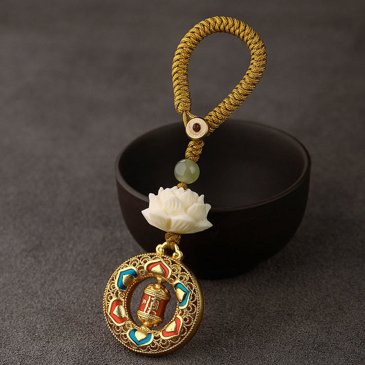 Buddha Stones Bodhizaad Lotus Hetian Jade Kraal Koperen Draaibare Vrede Sleutelhanger - Gebedswiel - Geel knopentouw - image 13