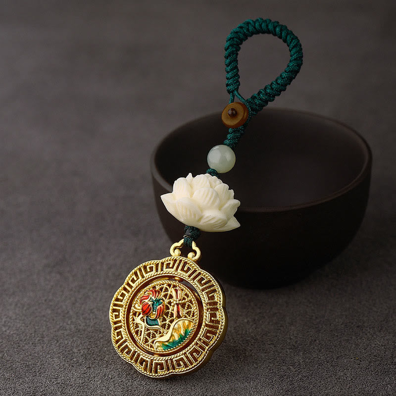 Buddha Stones Bodhizaad Lotus Hetian Jade Kraal Koperen Draaibare Vrede Sleutelhanger - Libel Lotusblad - Groen knoptouw - image 1
