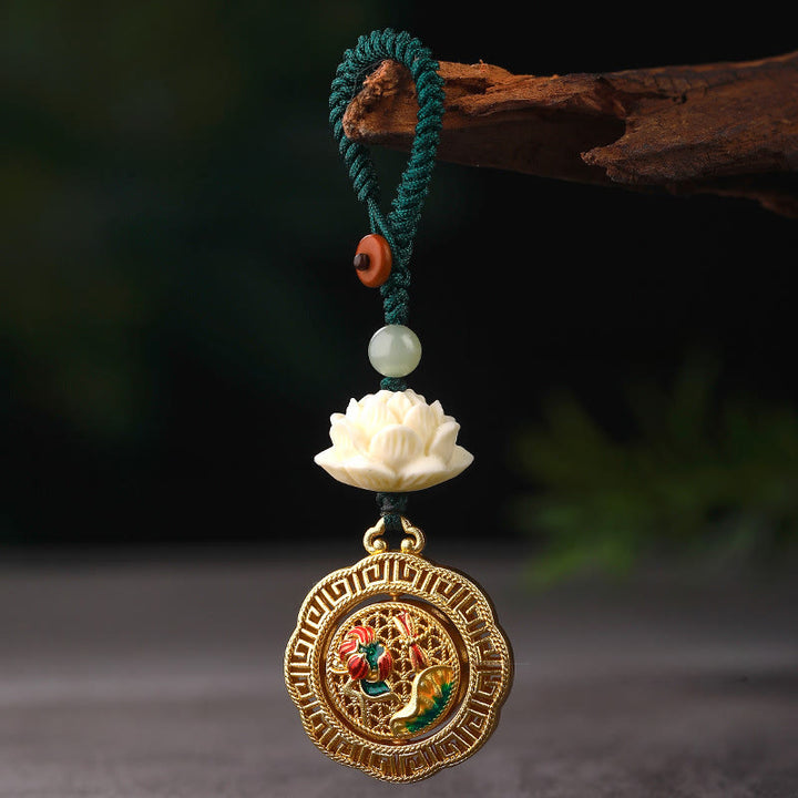 Buddha Stones Bodhizaad Lotus Hetian Jade Kraal Koperen Draaibare Vrede Sleutelhanger - image 3