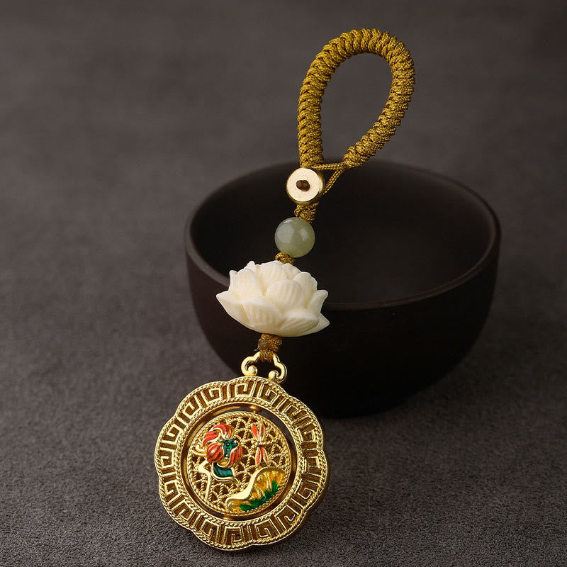 Buddha Stones Bodhizaad Lotus Hetian Jade Kraal Koperen Draaibare Vrede Sleutelhanger - Libel Lotusblad - Geel knopentouw - image 0