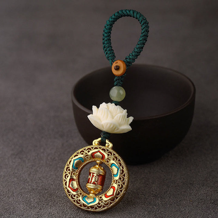 Buddha Stones Bodhizaad Lotus Hetian Jade Kraal Koperen Draaibare Vrede Sleutelhanger - Gebedswiel - Groen knoptouw - image 14