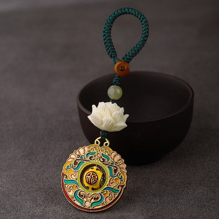Buddha Stones Bodhizaad Lotus Hetian Jade Kraal Koperen Draaibare Vrede Sleutelhanger - Fu-personage Gelukbrengende wolk - Groen knoptouw - image 11