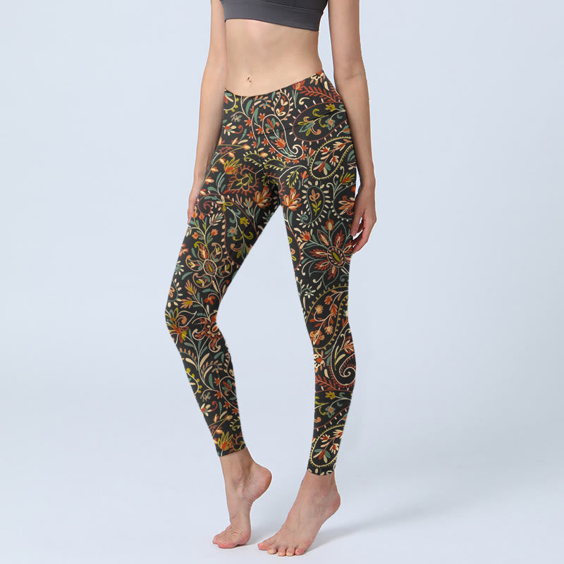 Buddha Stones Leggings voor dames met een ingewikkeld bloemen- en bladmotief, perfect voor de sportschool of als yogabroek. - Zwart - US18, UK/AU22, EU50 (4XL) - image 0