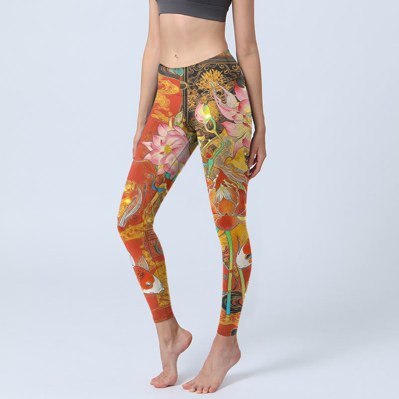 Buddha Stones Yoga legging voor dames met koi-vis, lotus- en wolkenprint - Tomaat - US18, UK/AU22, EU50 (4XL) - image 0
