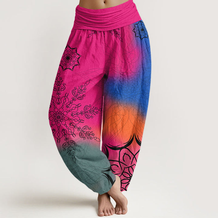 Buddha Stones Dames harembroek met elastische Taille en felgekleurd mandala-patroon van katoen - Dieproze - US16, UK/AU20, EU48 (3XL) - image 0
