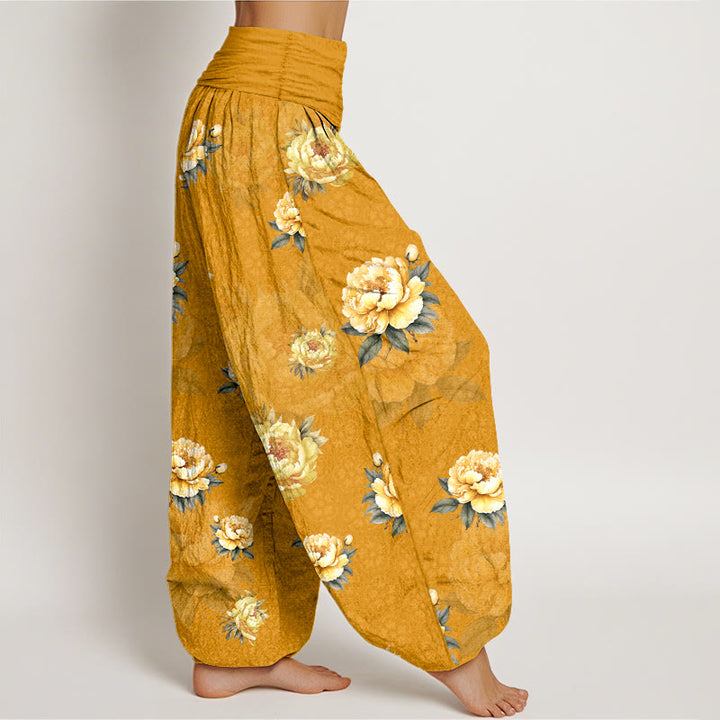 Buddha Stones Harembroek voor dames met elastische Taille en delicate katoenen pioenrozenprint - image 2