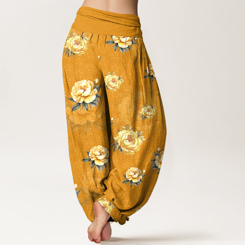 Buddha Stones Harembroek voor dames met elastische Taille en delicate katoenen pioenrozenprint - image 1