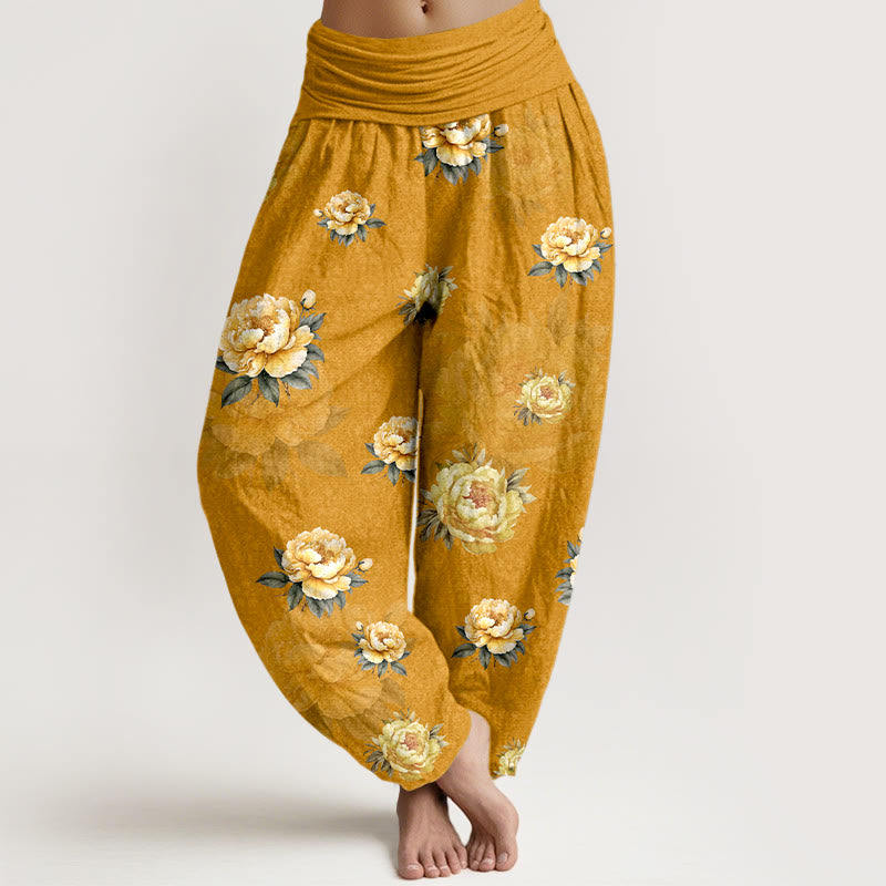 Buddha Stones Harembroek voor dames met elastische Taille en delicate katoenen pioenrozenprint - Guldenroede - US16, UK/AU20, EU48 (3XL) - image 0