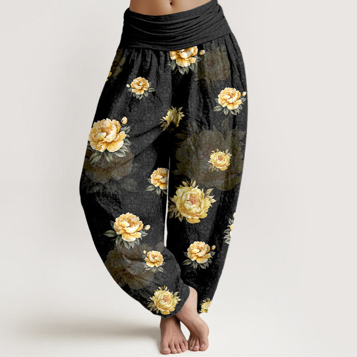 Buddha Stones Harembroek voor dames met elastische Taille en delicate katoenen pioenrozenprint - Zwart - US16, UK/AU20, EU48 (3XL) - image 5