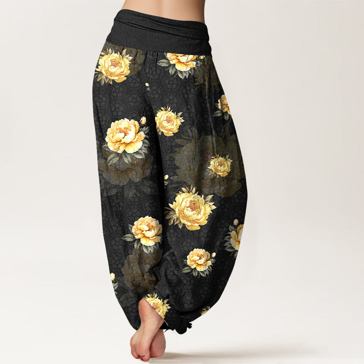 Buddha Stones Harembroek voor dames met elastische Taille en delicate katoenen pioenrozenprint - image 6
