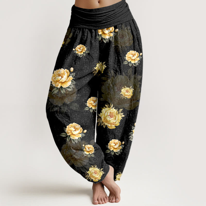 Buddha Stones Harembroek voor dames met elastische Taille en delicate katoenen pioenrozenprint - Zwart - US16, UK/AU20, EU48 (3XL) - image 5
