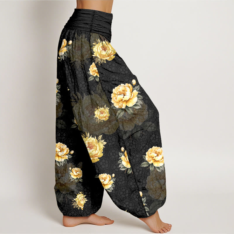 Buddha Stones Harembroek voor dames met elastische Taille en delicate katoenen pioenrozenprint - image 7