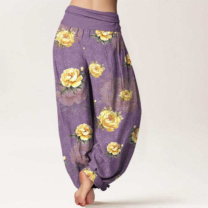 Buddha Stones Harembroek voor dames met elastische Taille en delicate katoenen pioenrozenprint - image 9