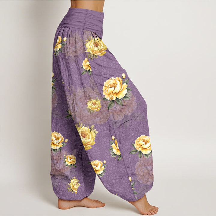 Buddha Stones Harembroek voor dames met elastische Taille en delicate katoenen pioenrozenprint - image 10
