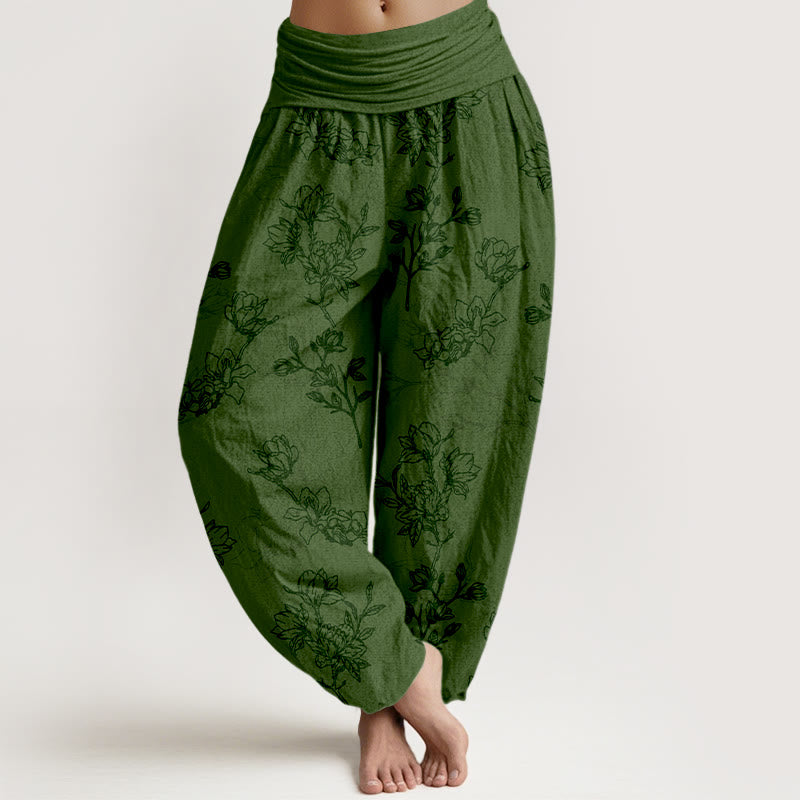 Buddha Stones Katoenen damesharembroek met eenvoudig bloemknopmotief en Taille taille - Donkergroen - US16, UK/AU20, EU48 (3XL) - image 0