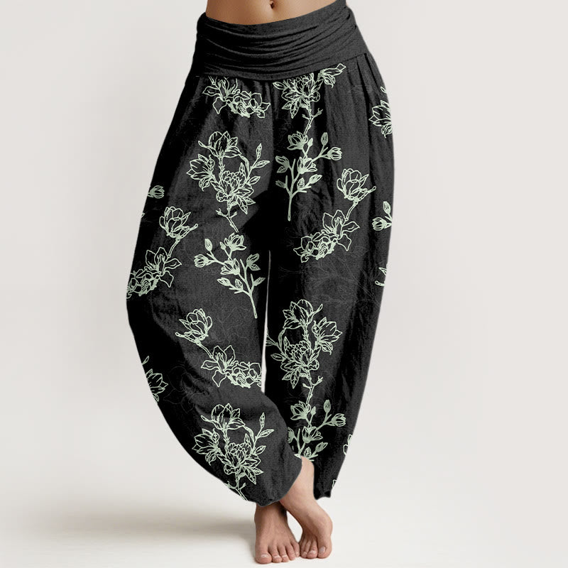 Buddha Stones Katoenen damesharembroek met eenvoudig bloemknopmotief en Taille taille - Zwart - US16, UK/AU20, EU48 (3XL) - image 5