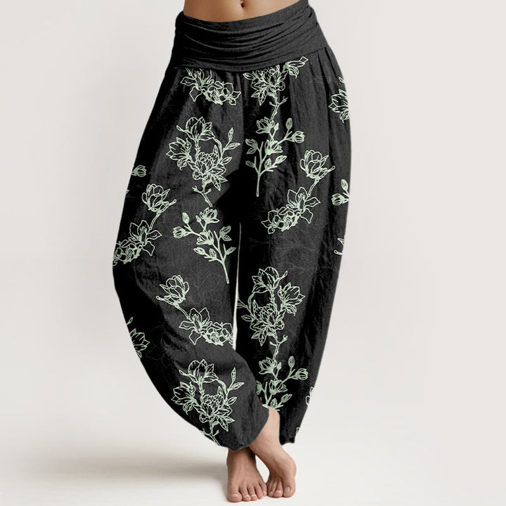 Buddha Stones Katoenen damesharembroek met eenvoudig bloemknopmotief en Taille taille - Zwart - US16, UK/AU20, EU48 (3XL) - image 5