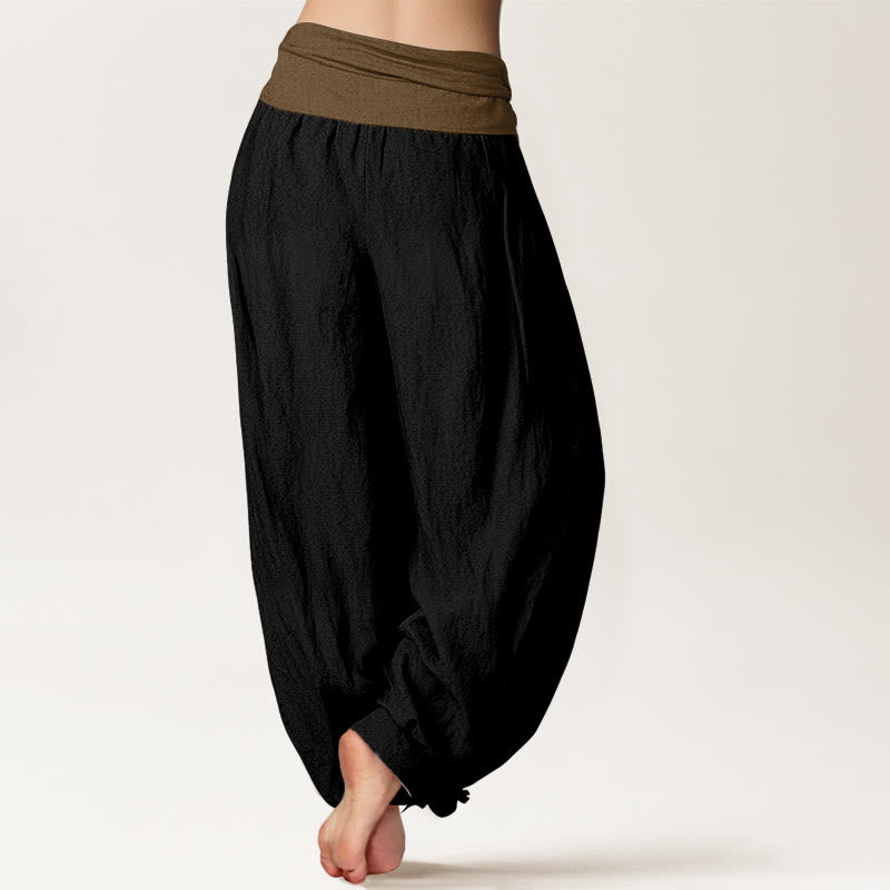Buddha Stones Katoenen harembroek voor dames met elastische Taille , effen kleur, zwart, groen en beige. - image 1