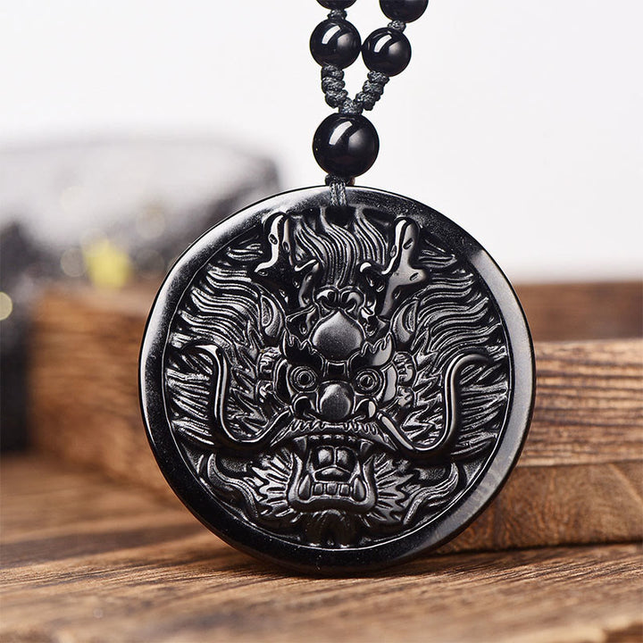 Buddha Stones Ketting van een draak, zwarte obsidiaan, die transformatie en vervulling symboliseert. - Zwarte obsidiaan met kralenketting - image 0