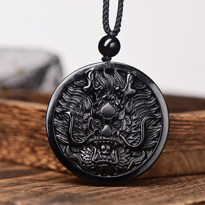 Buddha Stones Ketting van een draak, zwarte obsidiaan, die transformatie en vervulling symboliseert. - Zwarte obsidiaan met touwketting - image 7