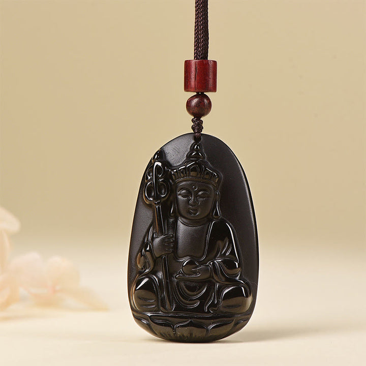 Buddha Stones Ksitigarbha Boeddha-patroon Zwarte Obsidiaan Vervulling Ketting - Zwarte obsidiaan met touwketting - image 7