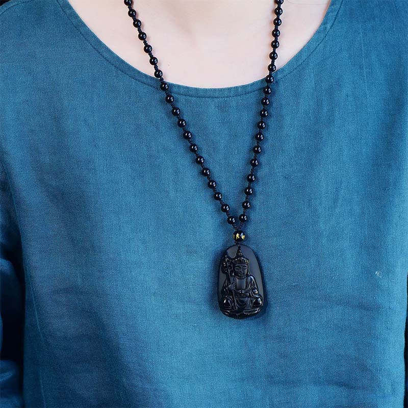 Buddha Stones Ksitigarbha Boeddha-patroon Zwarte Obsidiaan Vervulling Ketting - image 3