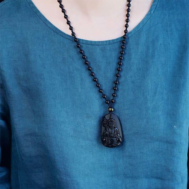 Buddha Stones Ksitigarbha Boeddha-patroon Zwarte Obsidiaan Vervulling Ketting - image 3