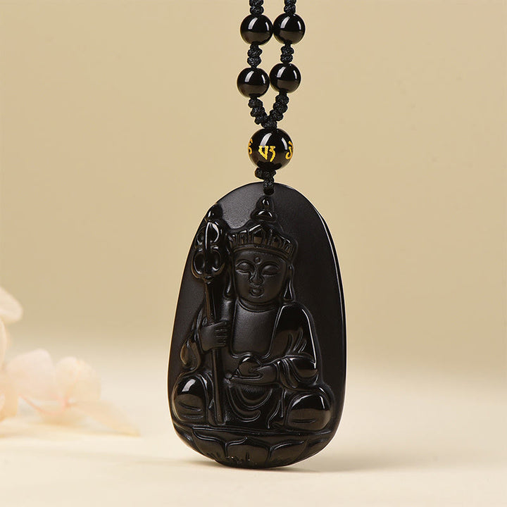 Buddha Stones Ksitigarbha Boeddha-patroon Zwarte Obsidiaan Vervulling Ketting - Zwarte obsidiaan met kralenketting - image 0