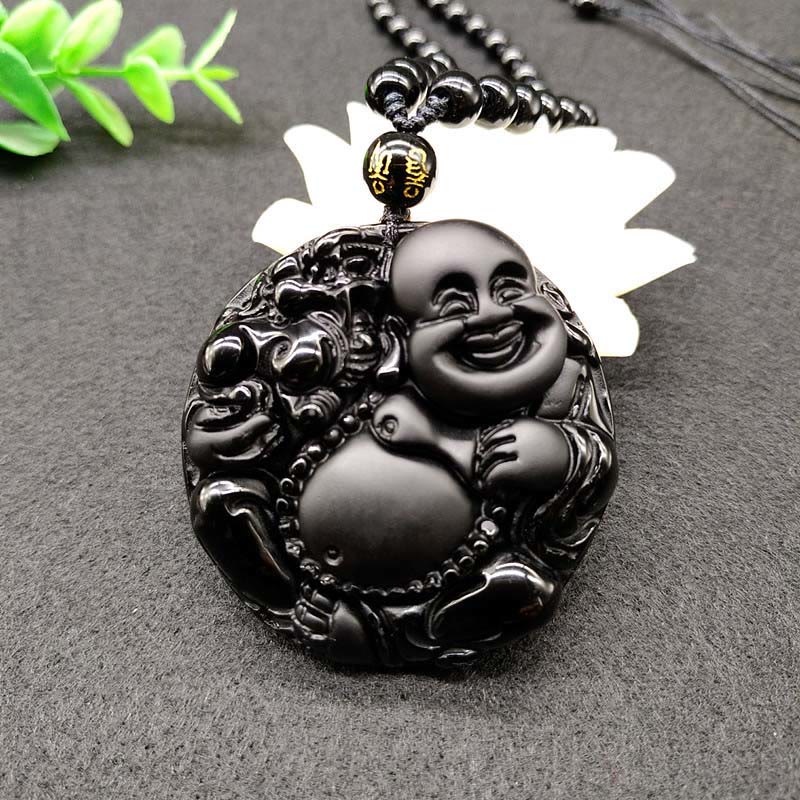 Buddha Stones Ketting met lachend Boeddha-patroon van zwart obsidiaanglas, symbool voor vervulling. - Zwarte obsidiaan - image 0