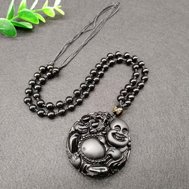 Buddha Stones Ketting met lachend Boeddha-patroon van zwart obsidiaanglas, symbool voor vervulling. - image 1