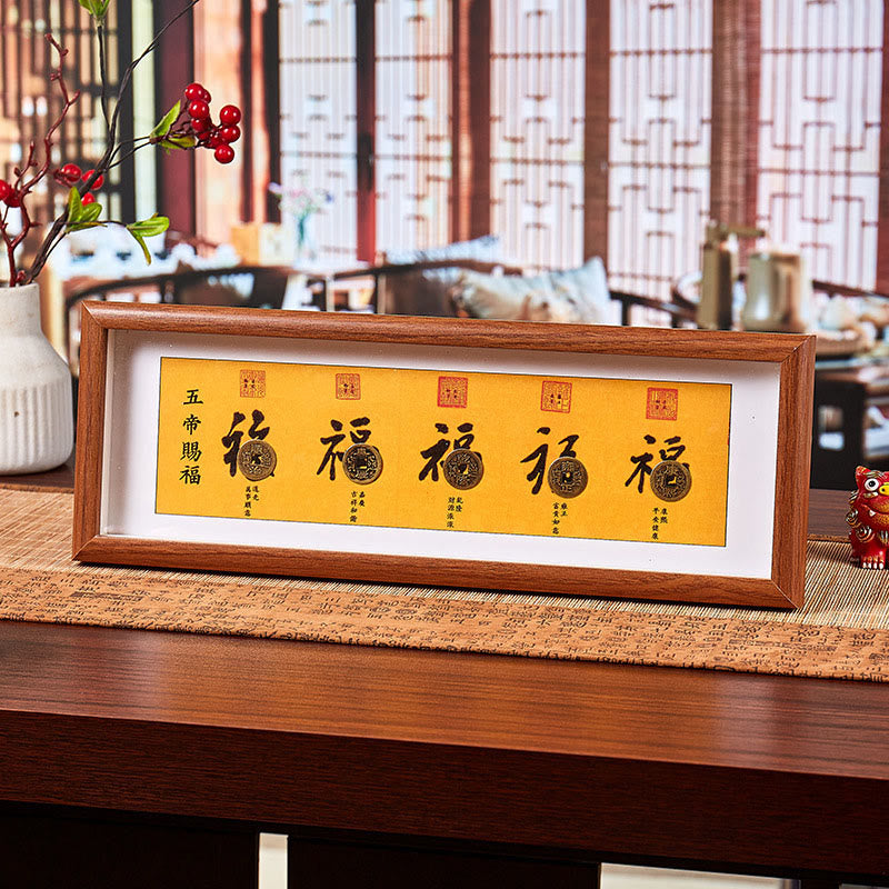 Buddha Stones Fotolijstje met geluksmunten van het Fu-personage (vijf keizers) als decoratie voor thuis. - Stijl 1 - Vezelplaat met gemiddelde dichtheid (13*40*4 cm) - image 0