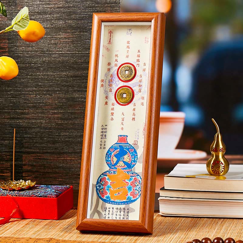 Buddha Stones Fotolijstje met Fu-figuur, kalebas en koperen munten, decoratie voor thuis - Stijl 2 - Vezelplaat met gemiddelde dichtheid (9*30*4 cm) - image 4