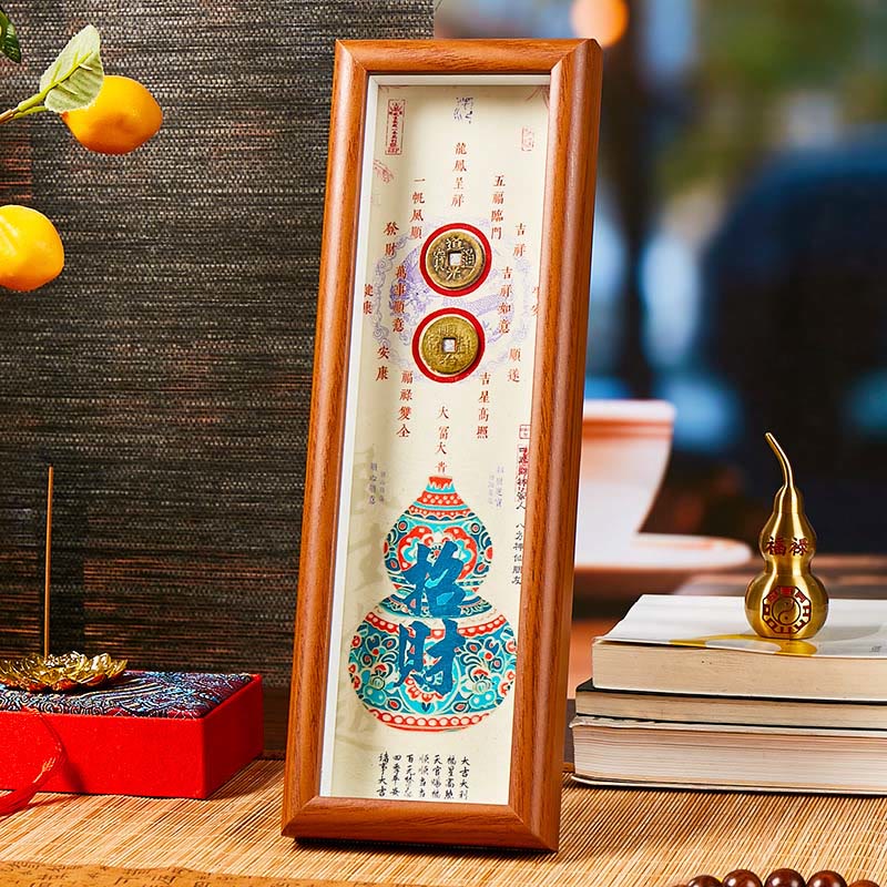 Buddha Stones Fotolijstje met Fu-figuur, kalebas en koperen munten, decoratie voor thuis - Stijl3 - Vezelplaat met gemiddelde dichtheid (9*30*4 cm) - image 5