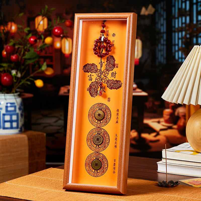 Buddha Stones Koperen munten met cinnabermotief trekken geluk en zegeningen aan, fotolijstje, ornament voor thuisdecoratie - Stijl 1 - Vezelplaat met gemiddelde dichtheid (13*40*4 cm) - image 0