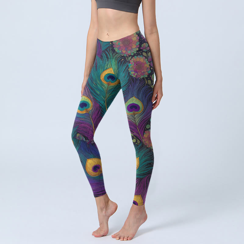 Buddha Stones Prachtige sportlegging/yogabroek voor dames met pauwenveren- en bloemenprint - Donkere Orchidee - US18, UK/AU22, EU50 (4XL) - image 0