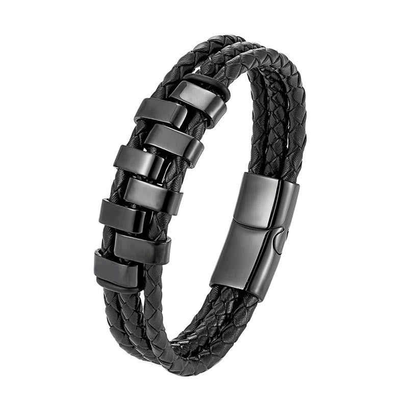 Buddha Stones Armband met geometrisch design, versterkt met titanium, staal en leer. - Zwart (Polsomtrek: 18-22 cm) - image 1