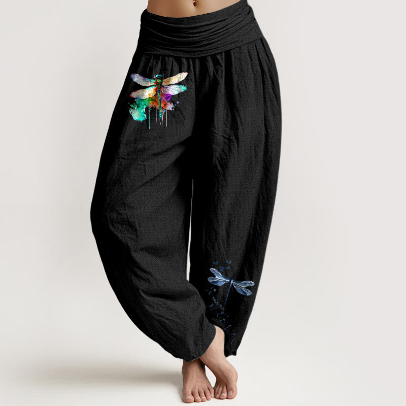 Buddha Stones Harembroek voor dames met elastische Taille en dromerig libellenpatroon van 100% Cotton - Zwart - US16, UK/AU20, EU48 (3XL) - image 0