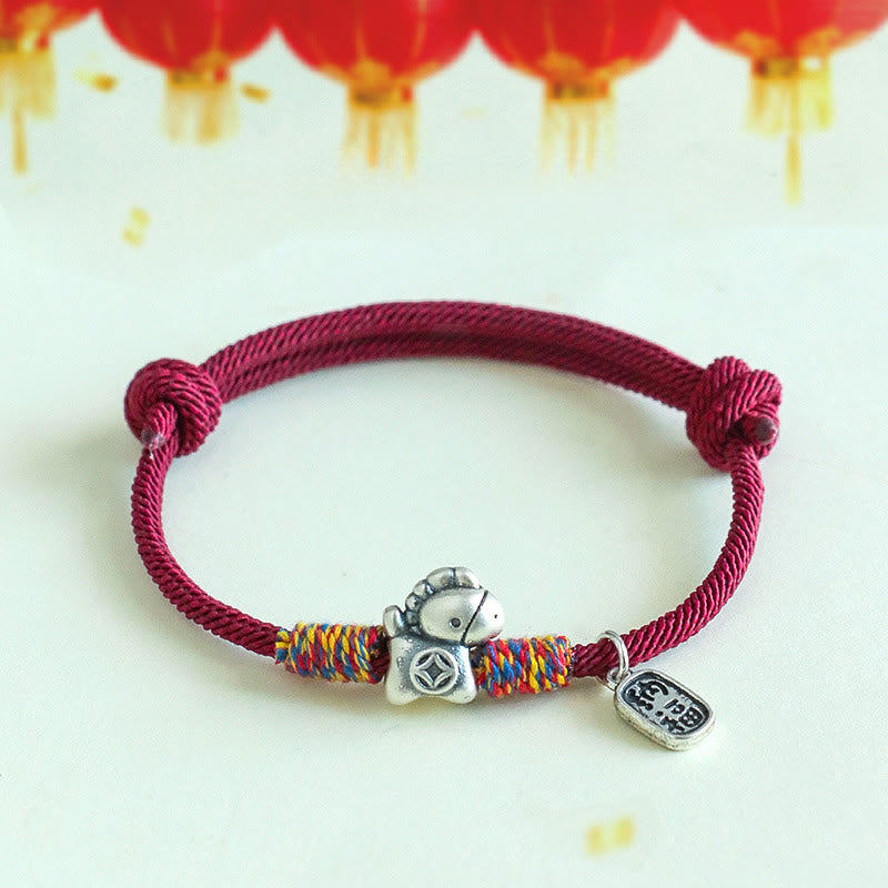 Buddha Stones 999 Sterling Zilveren Armband met Jaar van het Paard Fu-teken, Gelukbrengend, Armband - Donkerrood touw (Polsomtrek: 14-19 cm) - image 1