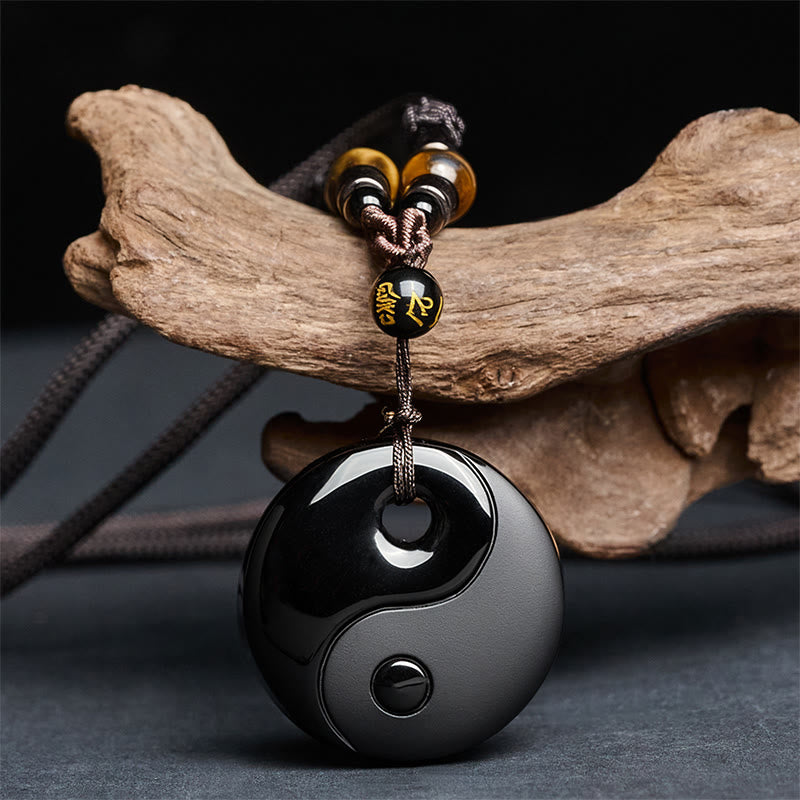 Buddha Stones Yin Yang-symbool Om Mani Padme Hum Zwarte Obsidiaan Kracht Ketting - Zwarte obsidiaan ( Maat hanger: 37* 8mm) - image 0