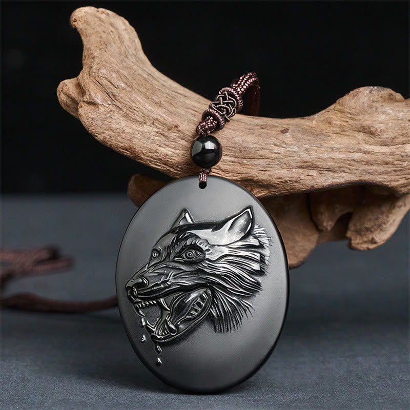 Buddha Stones Wolfskop Ketting van natuurlijke zwarte obsidiaan. - image 1