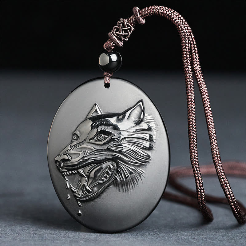 Buddha Stones Wolfskop Ketting van natuurlijke zwarte obsidiaan. - Zwarte obsidiaan ( Maat: 52*41 mm) - image 0