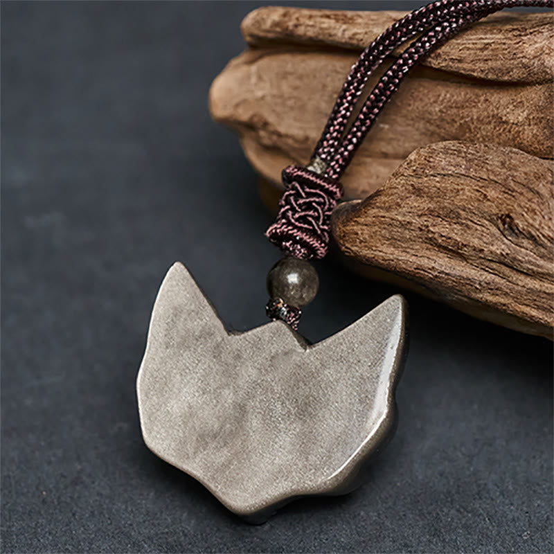Buddha Stones Halskettinghanger met reliëf van een vos, zilverkleurige obsidiaan en ijsobsidiaan Ketting . - image 5