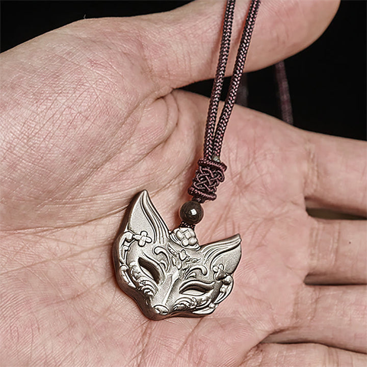 Buddha Stones Halskettinghanger met reliëf van een vos, zilverkleurige obsidiaan en ijsobsidiaan Ketting . - image 6