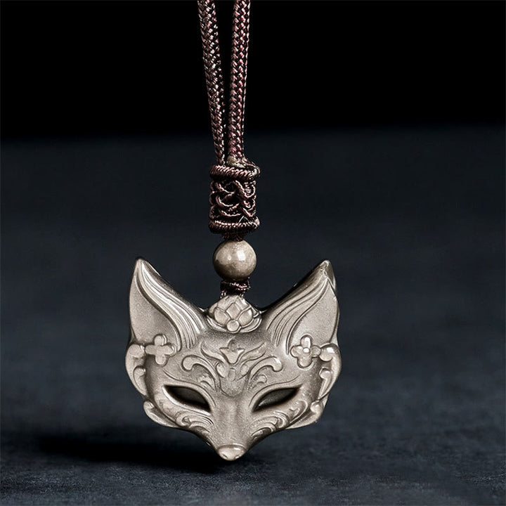 Buddha Stones Halskettinghanger met reliëf van een vos, zilverkleurige obsidiaan en ijsobsidiaan Ketting . - image 3