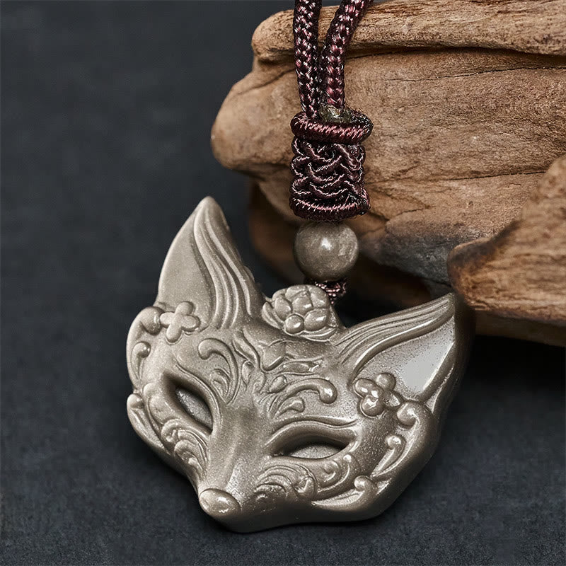 Buddha Stones Halskettinghanger met reliëf van een vos, zilverkleurige obsidiaan en ijsobsidiaan Ketting . - Obsidiaan met zilverglans ( Maat hanger: 29*31 mm) - image 0